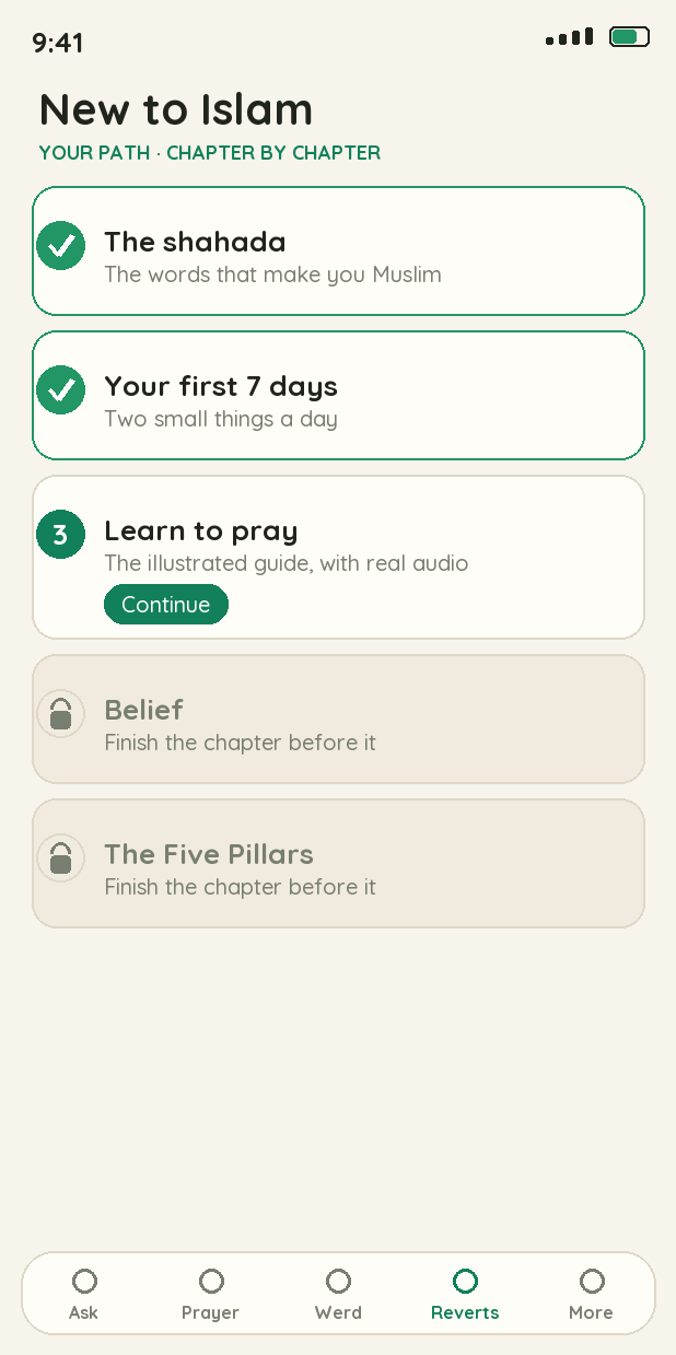New to Islam: a chapter path starting from the shahada.
