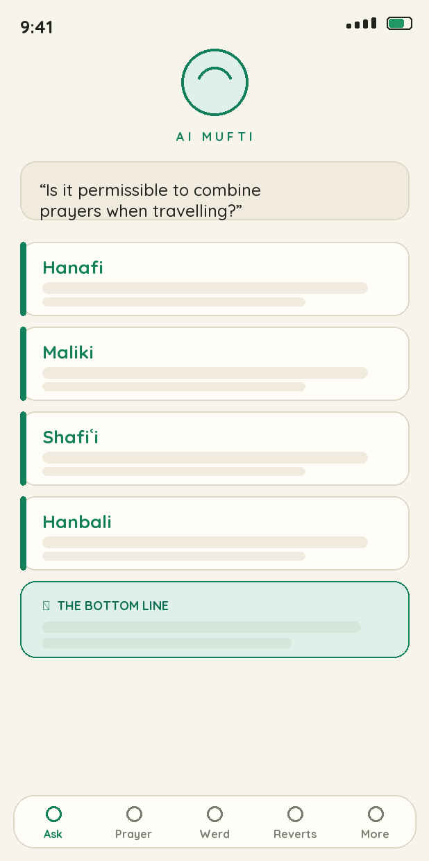 Hukm's Ask screen: one question answered across the Hanafi, Maliki, Shafiʿi and Hanbali schools, ending with a bottom line.